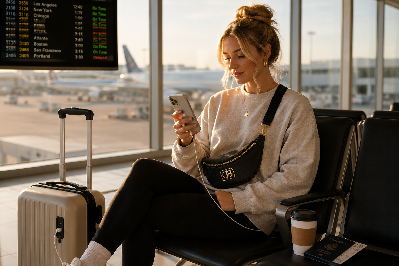 Woman charging her phone with a GabBri bag while seated with luggage at an airport