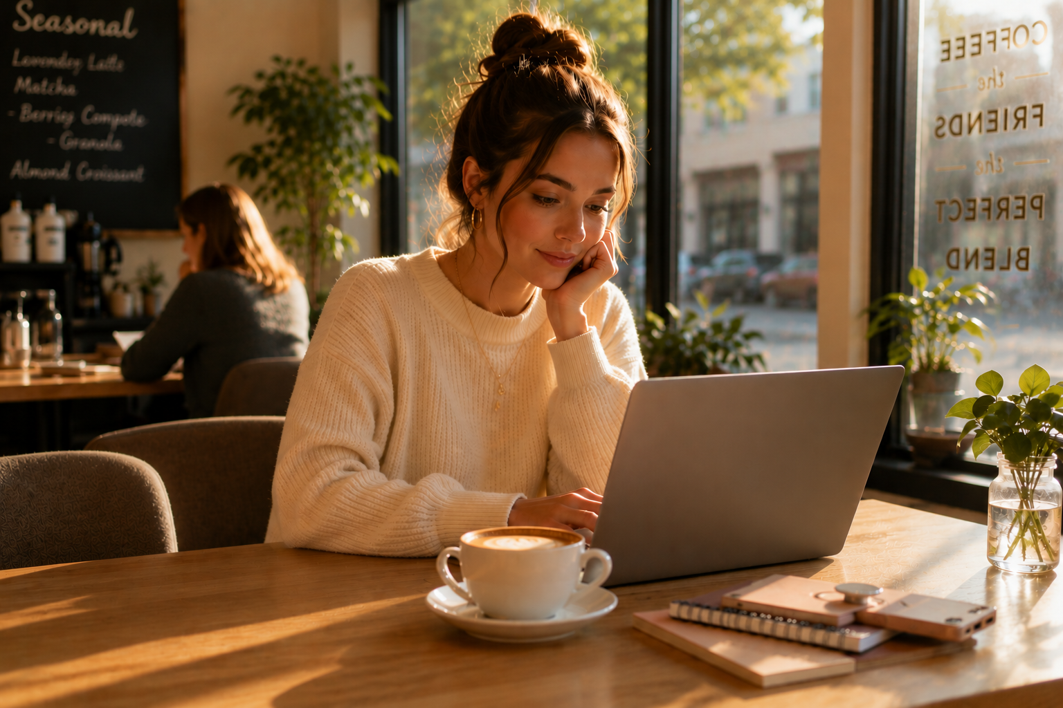 Woman working on a laptop at a warm coffee shop table with coffee nearby